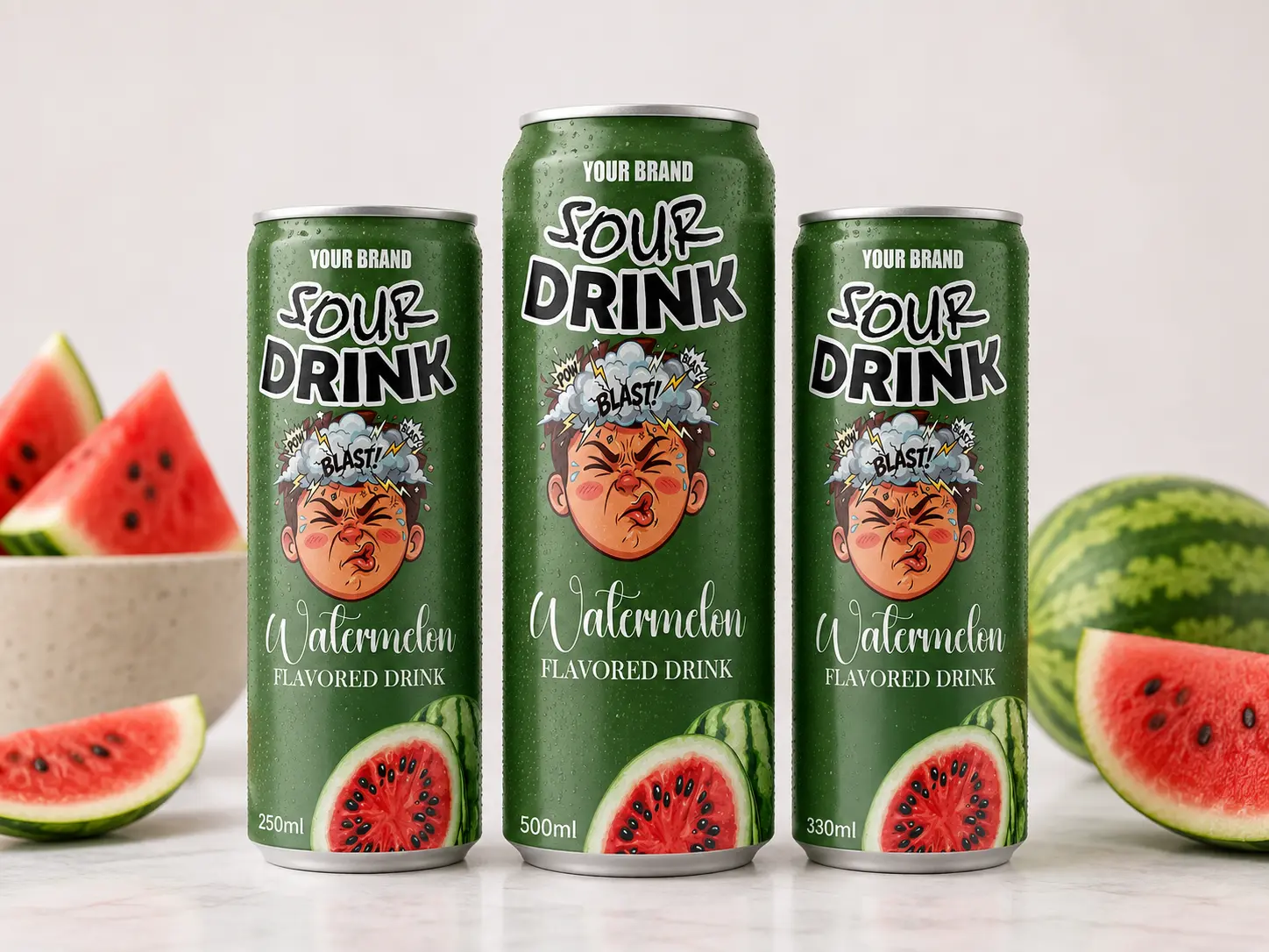 SOUR DRINK Watermelon Flavored Drink in 250ml, 500ml, and 330ml cans.